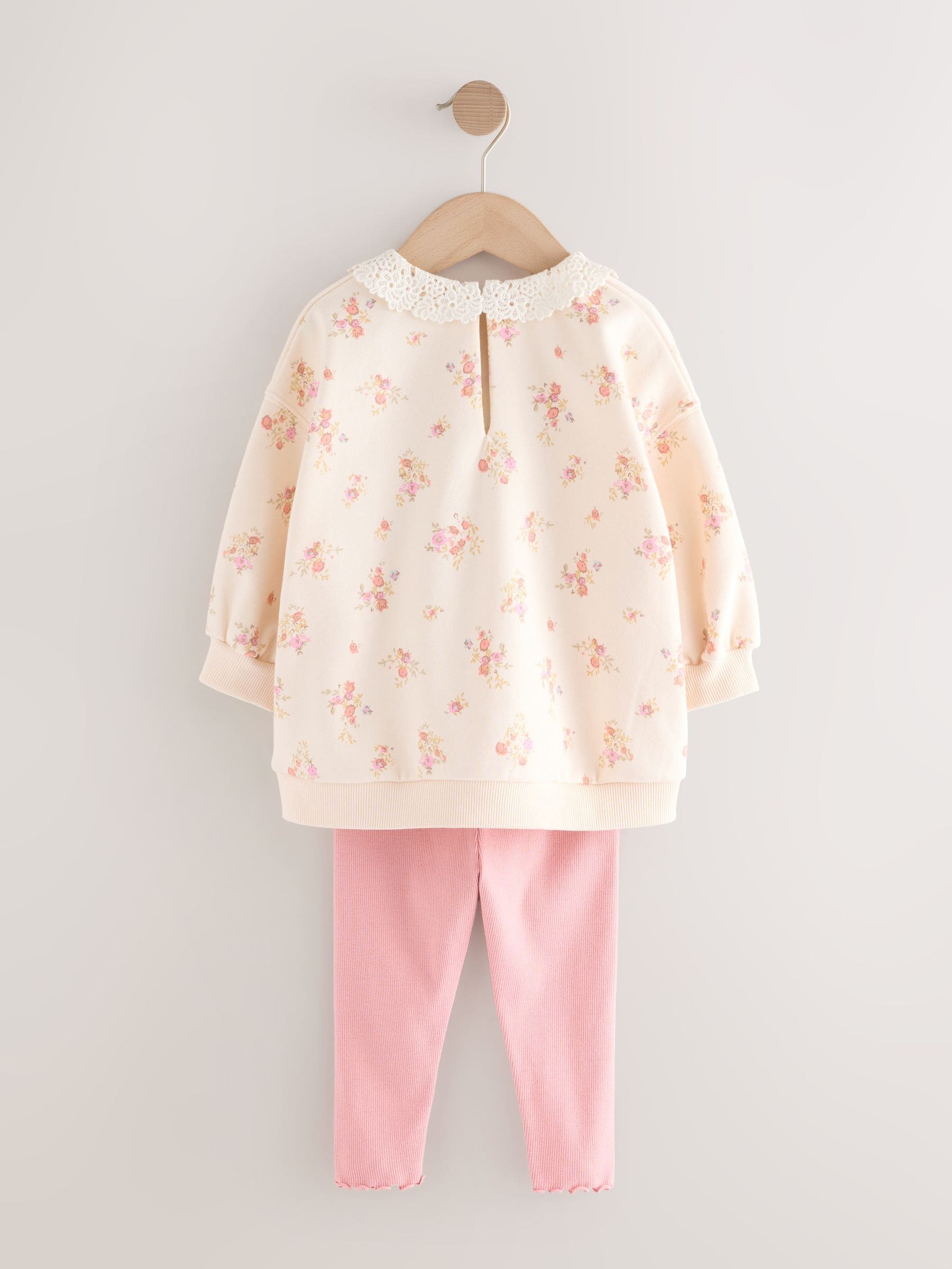 Lichtroze met fijne bloemenprint - Set van sweatshirt met kraag en legging (3mnd-7jr)