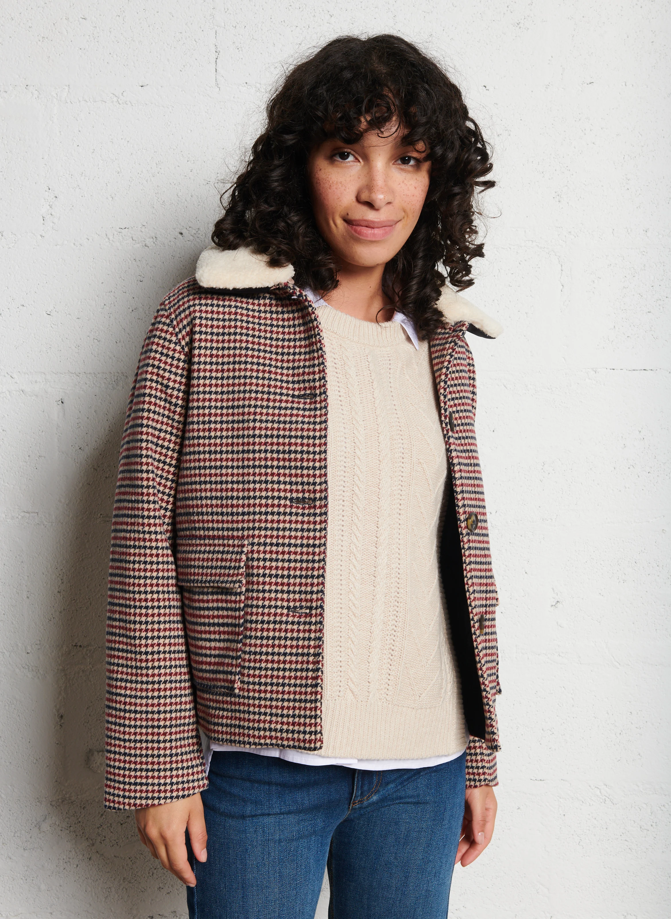 NATTIE - Manteau court col chemise à motif pied de poule | Multicolore