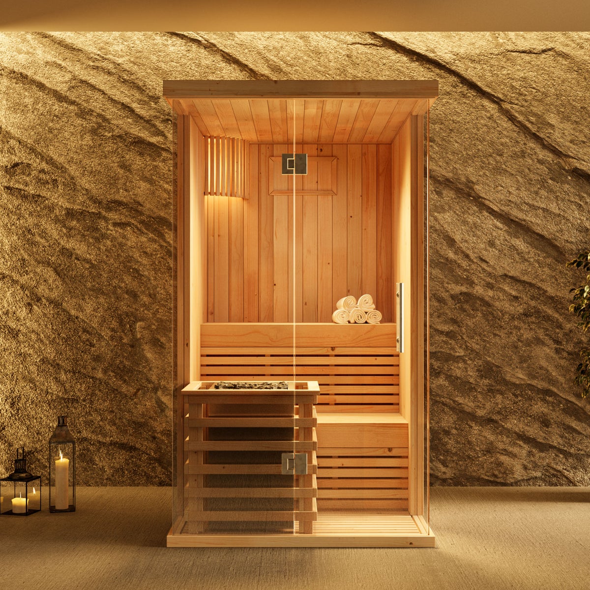 FinnTherm Milla binnensauna met 1 houten bank, saunacabine met 68 mm wanddikte, stoomsauna inclusief montagemateriaal, natuurlijke afwerking