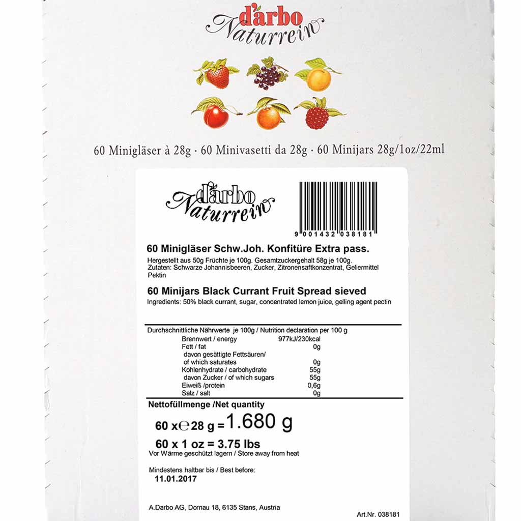 Darbo Naturrein Konfitüre extra Schwarze Johannisbeere Minigläser 60x28g=1680g MHD:5.11.25