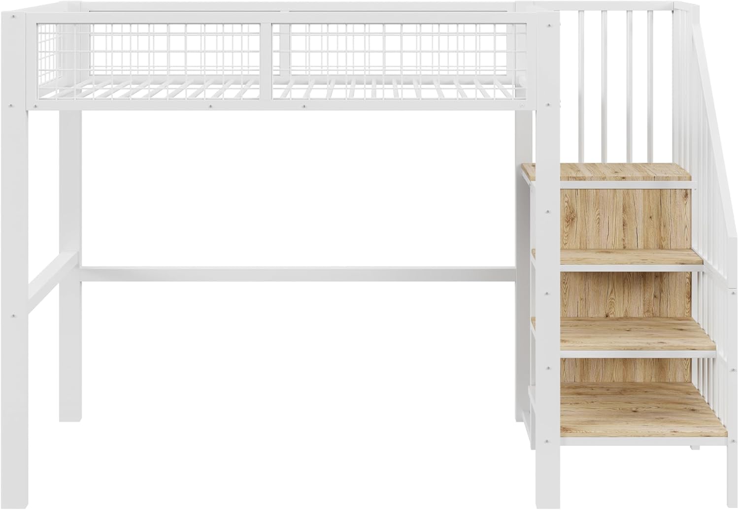 Merax Hochbett aus Metall, 90 x 200 cm, mit Kleiderschrank, multifunktionales Hochbett für 1 Platz mit Treppe, Weiß (Ohne Matratze)