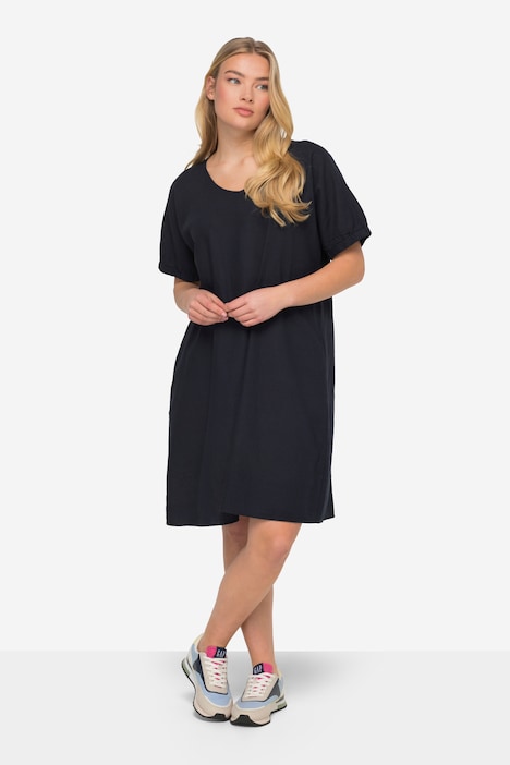 Leinenmix-Kleid, Rundhals, elastische Halbarm-Abschlüsse