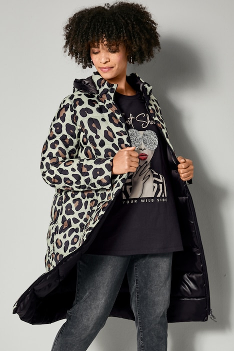 Wende-Steppmantel, Straight Fit, Leo/uni, Kapuze, 2-Wege-Zipper, Langarm