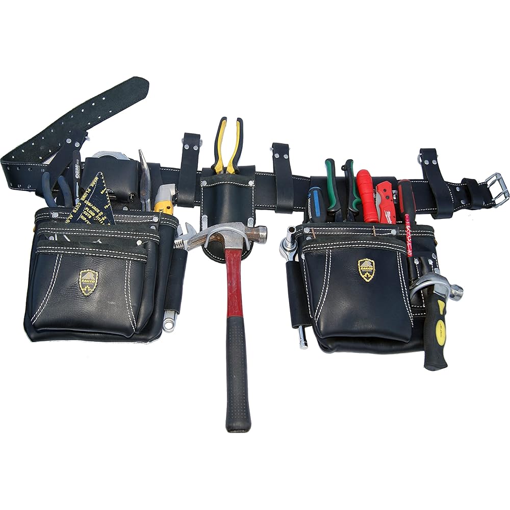 ZAKCO PRO-19 Ceinture à outils en cuir véritable, multi-poches, ceinture à outils de charpentier, pochettes en cuir réglables, ceinture à outils pour charpentier, bricoleur et couvreur : Bricolage