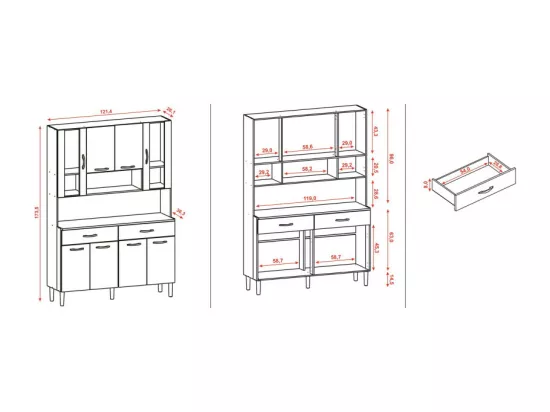 Buffet de Cuisine 8 Portes 2 Tiroirs Chêne et Blanc L 121.4 H 173.5 P 36.3 cm