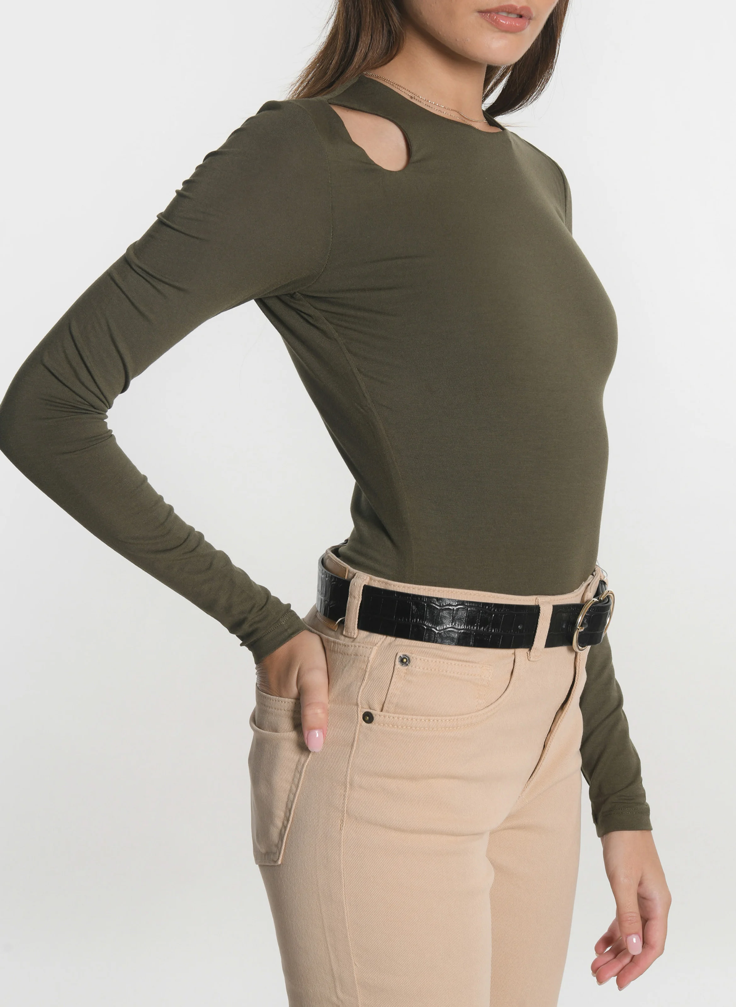 CATHY - Tee-shirt moulant col rond| Kaki