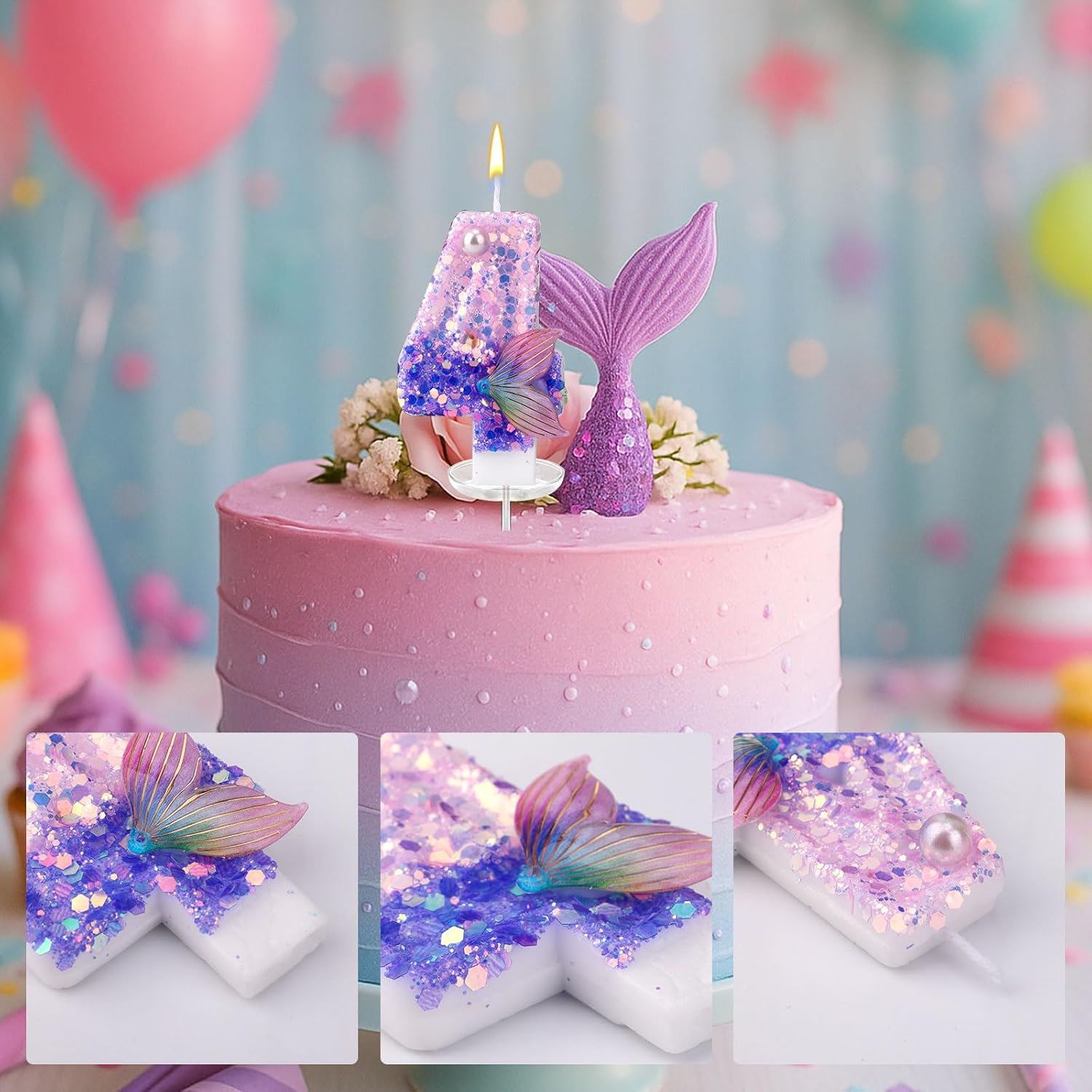 Zahlen Geburtstags Kerze Meerjungfrau Kuchenstecker Happy Birthday Deko für Torten / Kuchen - Zahl 4 / Lila