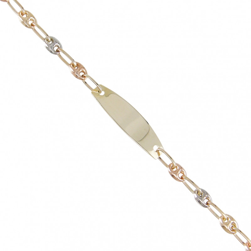 Bracelet Enfant Or Tricolore - Jaune, Blanc, Rose - Gourmette Identité - Maille Grain de Café - Personnalisable