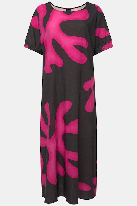 Leinenmix-Kleid, A-Line, Korallen, Rundhals, Halbarm