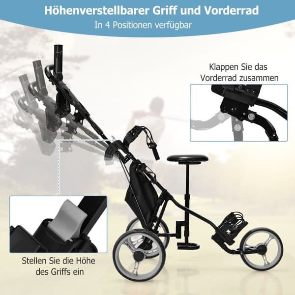 3 hjuls golfvogn laget av aluminium med paraplyholder og sete sammenleggbar golfvogn golf caddy grå