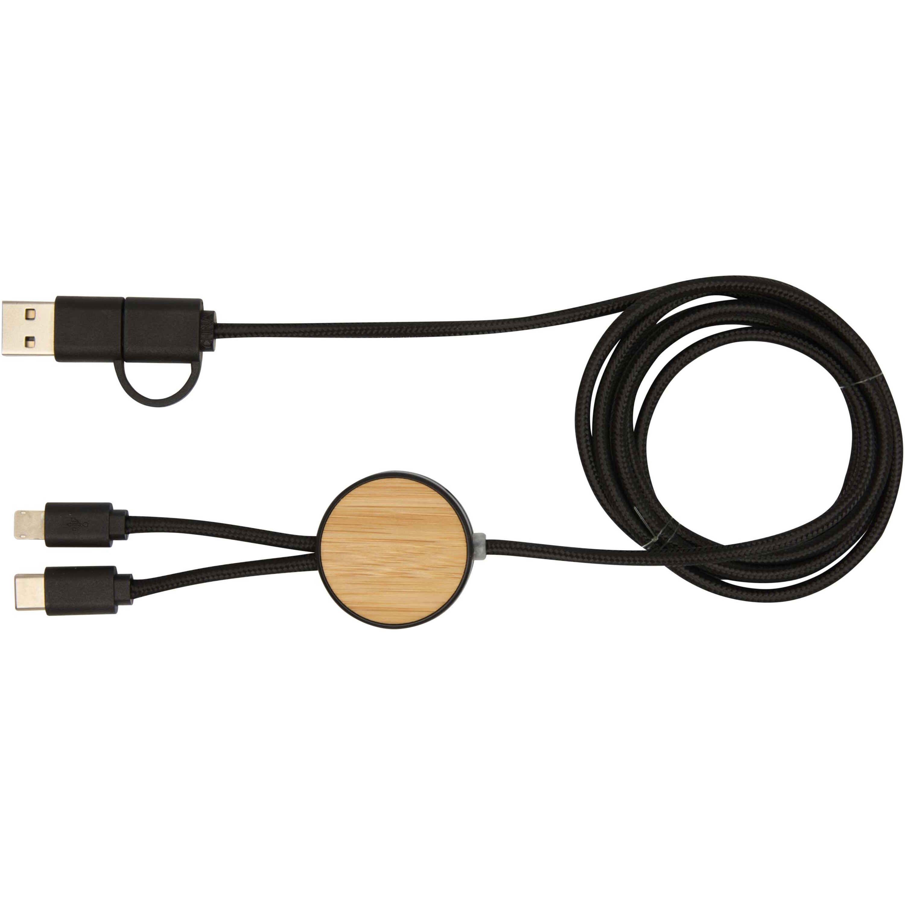 PF Concept 124422 - Câble 5 en 1 Chechia en plastique recyclé de 150 cm pour la synchronisation des données et la charge rapide de 27 W avec détails en bambou