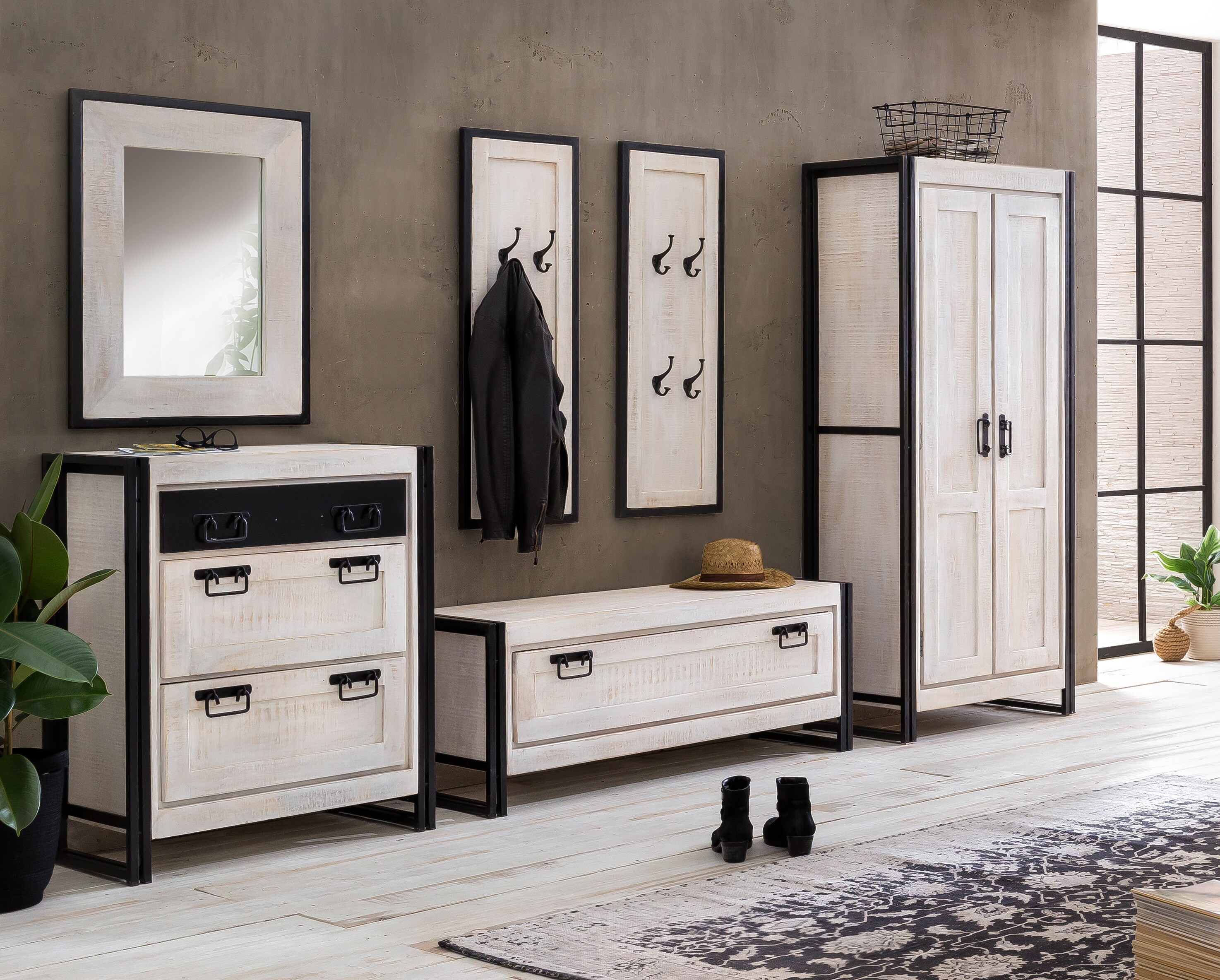 Garderobenschrank White Panama Mango Flurschrank Flur Diele Schrank Hochschrank