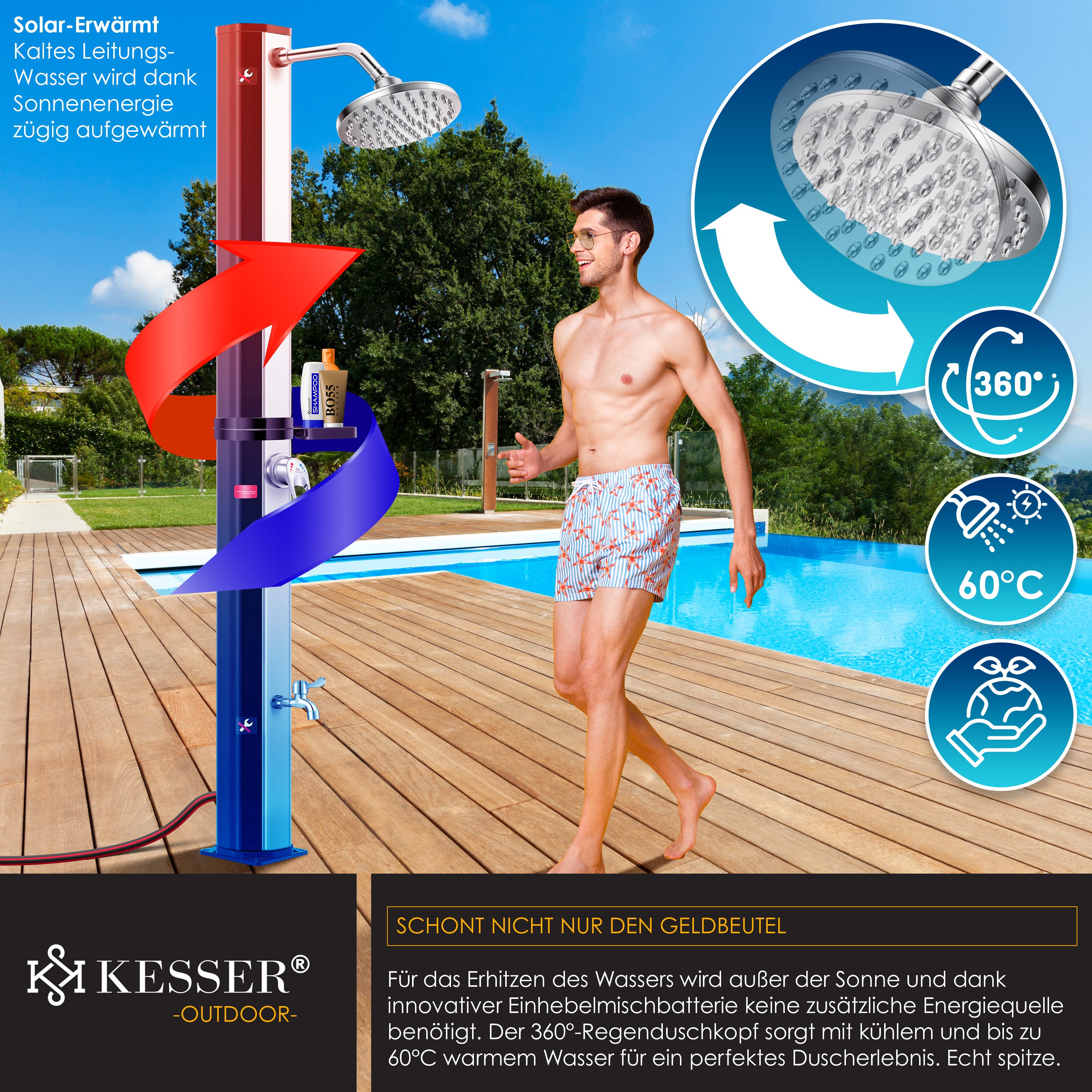 KESSER® Solardusche 40- 60 Liter Solar Gartendusche | warmes Wasser |max. 60°C | Inkl. Metall-Duschablage & Schutzhaube | Pooldusche Camping| Regenduschkopf und Wasserhahn Gartenschlauch-Anschluss