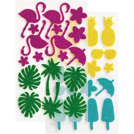 Moosgummi Glitter Sticker, Tropic, sortiert in pink, grün, gelb und türkis, verschiedene Motive, 40 Stück - Ideal zum Verzieren und Dekorieren von Grußkarten usw.