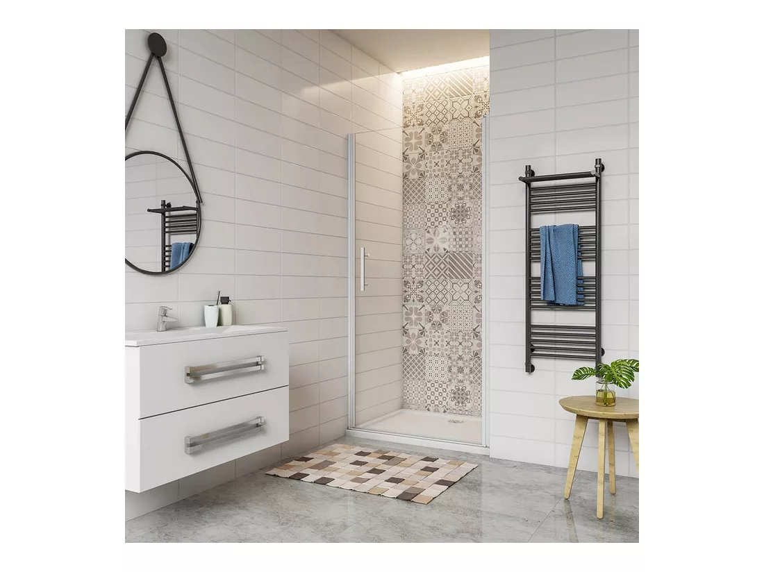 Porte de douche pivotante 90x185cm profilé blanc en verre de sécurité et transparent