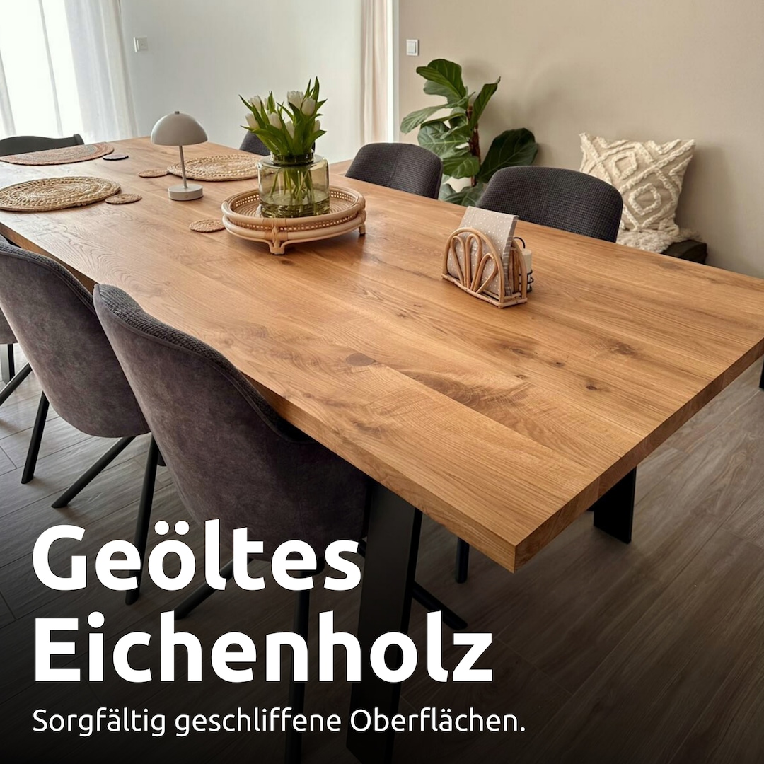 holz4home Esstisch 160 x 80 cm Eiche massiv/Doppel-Dreieck-Gestell schwarz