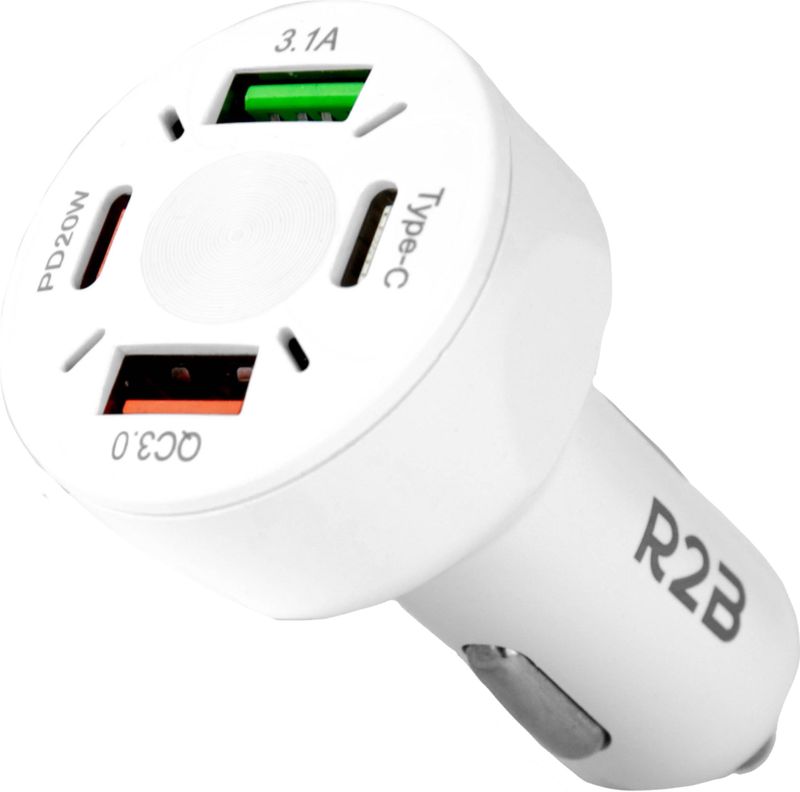 R2B Auto Oplader USB-C & USB-A - 4 Poorten - Veilig & Compact - Snellader voor 12V Aansluiting - Wit