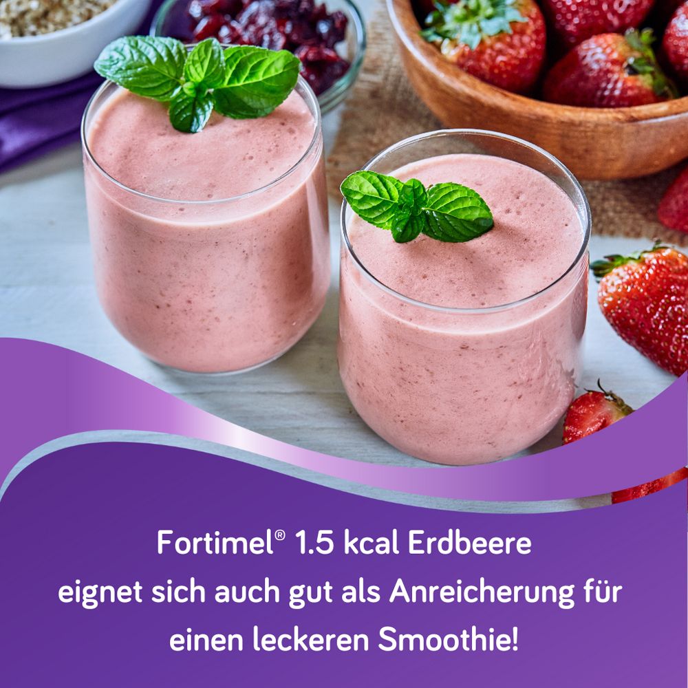 Fortimel® 1.5 kcal Erdbeere – Hochkalorische Trinknahrung mit allen wichtigen Nährstoffen, Vitaminen, Mineralien und Spurenelementen – 300 kcal und 12 g Eiweiß pro Flasche