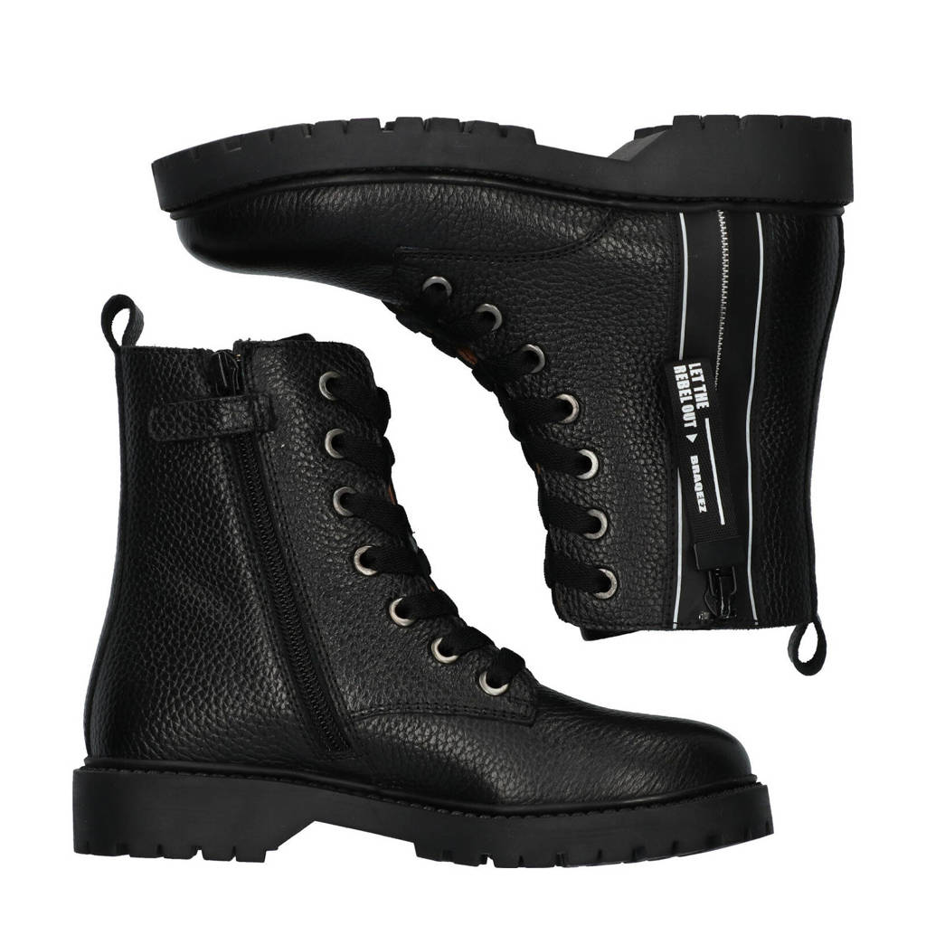 Braqeez leren veterboots zwart
