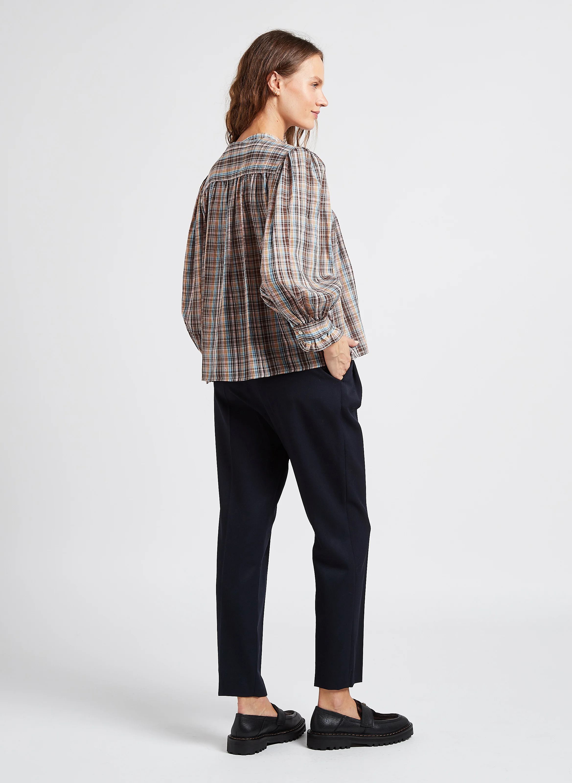 ELBERT - Chemise droite col rond en coton imprimé | Marron