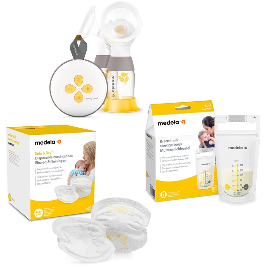 Medela Stillset Elektrische Doppel-Milchpumpe Swing Maxi, Muttermilchbeutel 50 Stück 180 ml, Einweg-Stilleinlagen 60 Stück