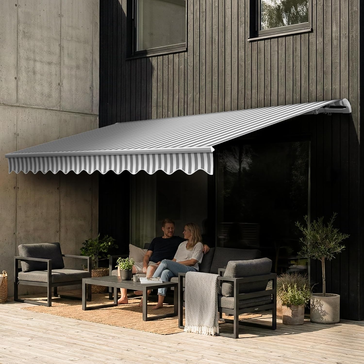 Eclipse Gelenkarmmarkise Economy 2,5x2m mit Handkurbel Markise Sonnenschutz Balkon Terrassenüberdachung Markisenstoff 280g/m² Polyester (PE) inklusive UV-Schutzfaktor 50+, Markisentuchfarbe: Grau-Weiß