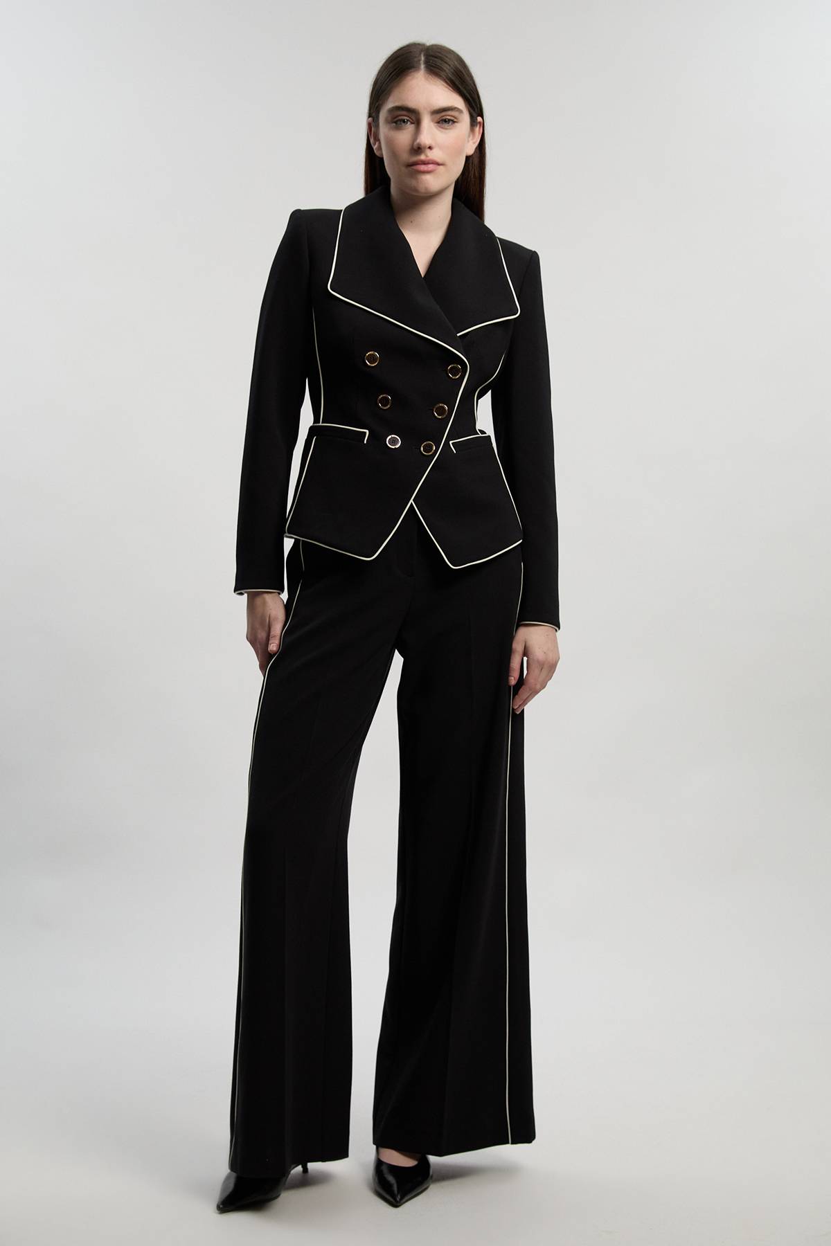 KarenMillen Pantalon Tailleur Jambe Large à Stretch Compact avec Liserés Contrastants
