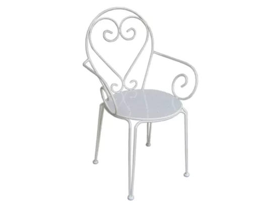 Salle à manger de jardin en métal façon fer forgé : une table et 4 fauteuils empilables blancs - GUERMANTES de MYLIA