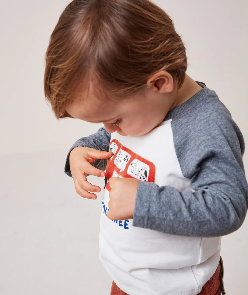 T-SHIRT BÉBÉ GARÇON EN COTON BIO GRIS ET BLANC THÈME BUS