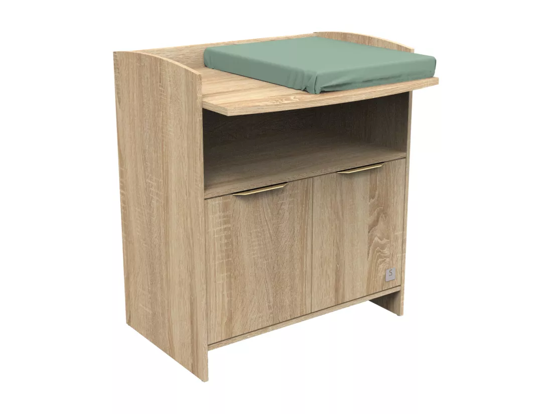 Commode à langer 2 portes et une niche avec poignées dorées décor chêne doré