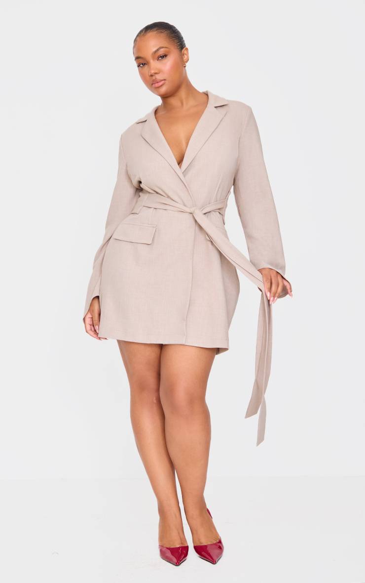 Gris Pierre Robe Blazer Tissée Avec Ceinture Grande Taille