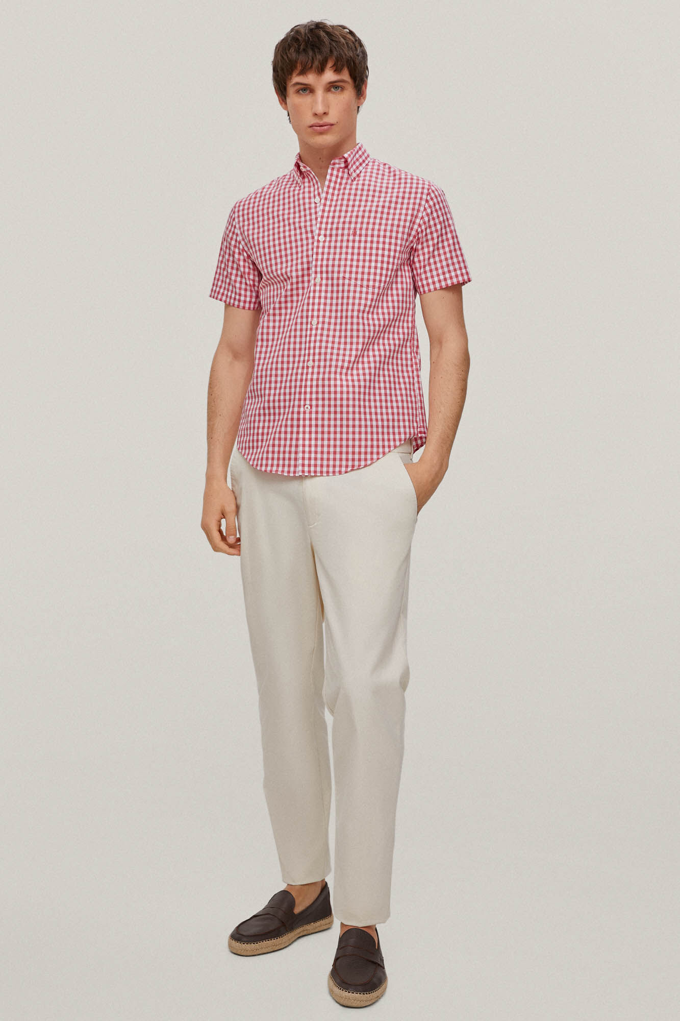 Camisa xadrez de manga curta que não precisa passar - Coral