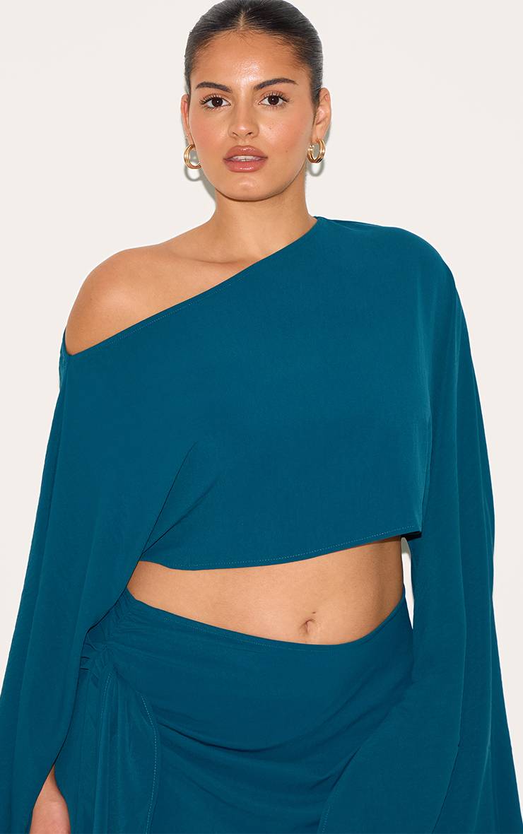 Vert Turquoise Haut Coordonné Grande Taille En Tissu Fluide À Encolure Dégagée Et Manches Longues