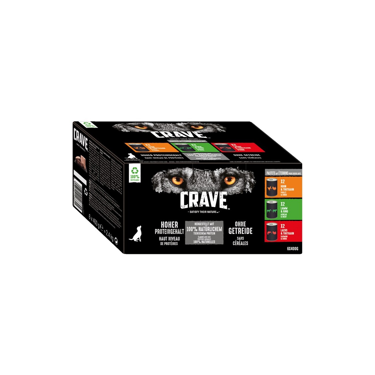 CRAVE Multipack Pastete mit Huhn und Truthahn, Lamm und Rind, Lachs und Truthahn 6 x 400g