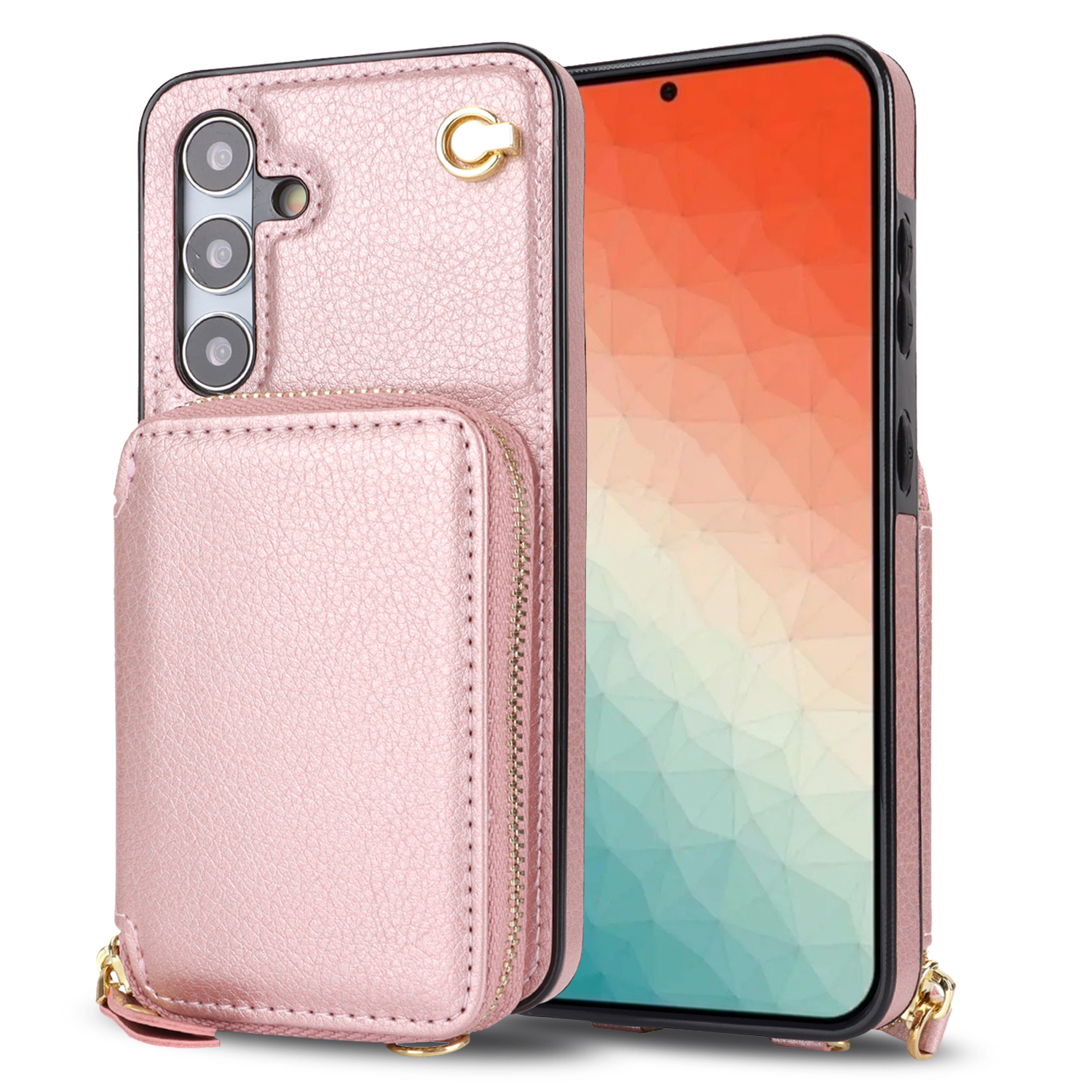 Samsung Galaxy S24  Plus Necklace Leder Schutz Hülle mit Kartenfächer   Handykette (140cm) - Roségold