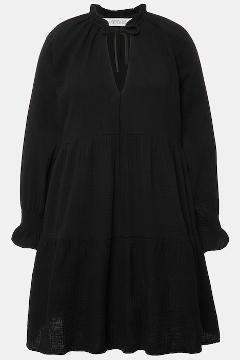 Musselin-Minikleid, A-Line, Rüschen-Ausschnitt, Langarm