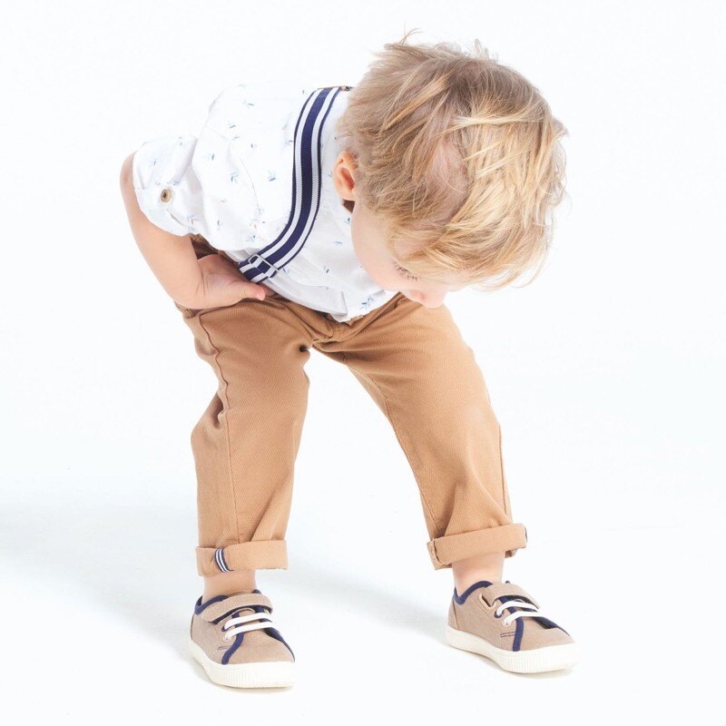 Pantalon coton fantaisie à bretelles clipsées marron bébé garçon Marron