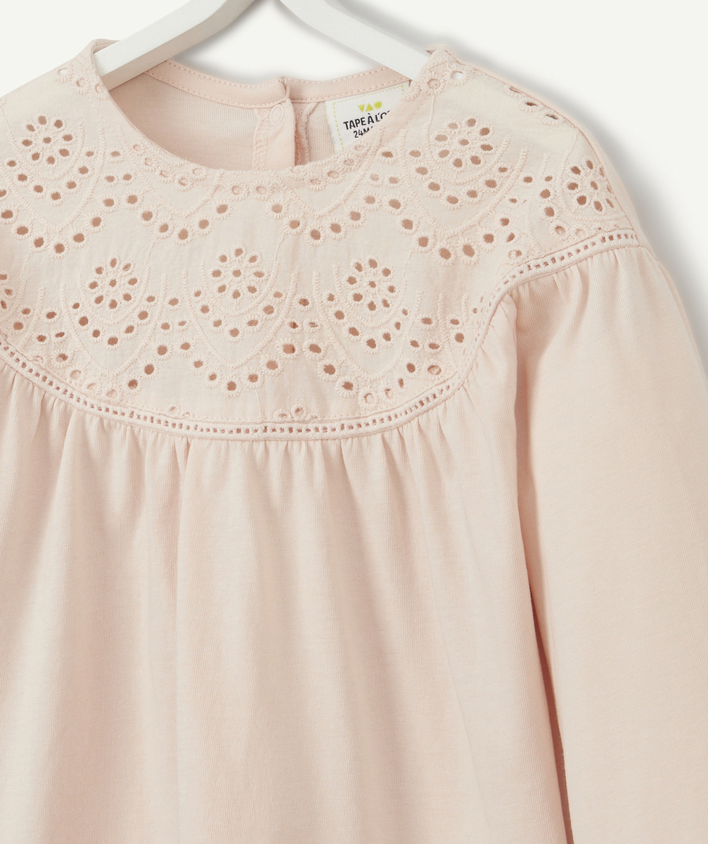 T-SHIRT ROSE PÂLE BÉBÉ FILLE EN COTON BIO ET BRODERIE ANGLAISE