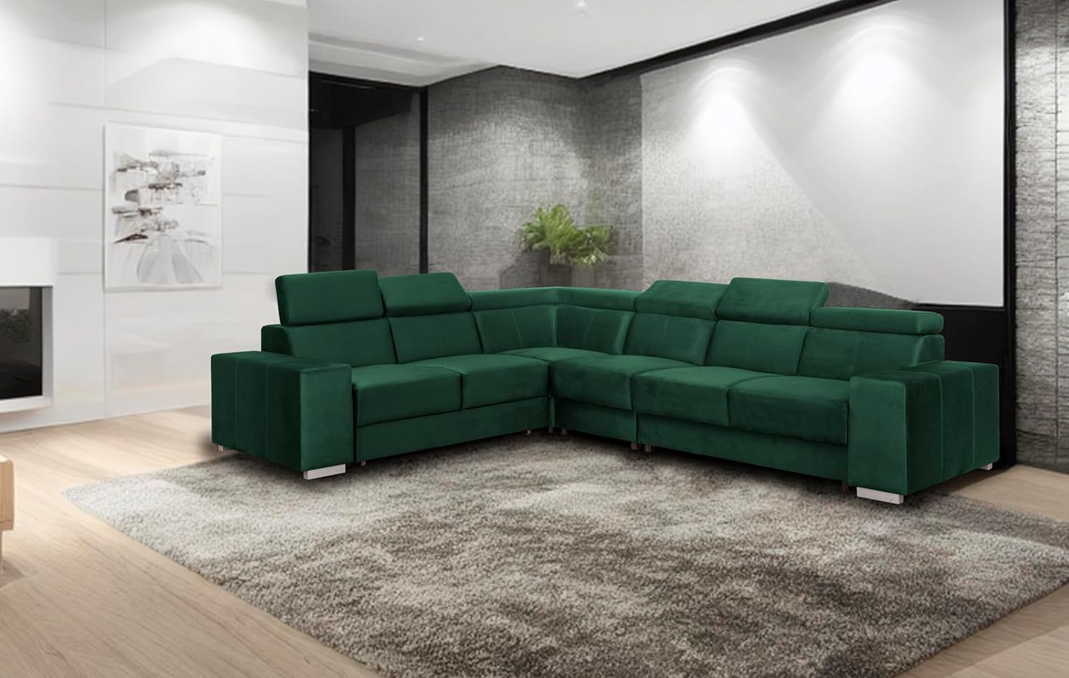 FORNIRO Alma Ecksofa L-Form mit Schlaffunktion – 330x265x85cm - Grün – Moderne Wohnlandschaft mit verstellbaren Kopfstützen – Stabil gebaut hoher Sitzkomfort – Viele Farben Stoffvarianten wählbar