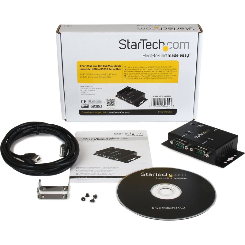 StarTech.com Hub adaptateur industriel USB vers série 2 ports à fixation murale avec clips de rail DIN
