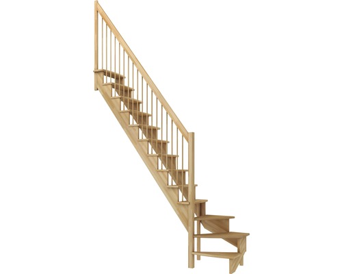 Pertura Filia massief beukenhouten trap zonder stootborden, onbehandeld, kwartslag, linksonder, 65 cm, 12 treden / 13 stootborden, balusterleuning