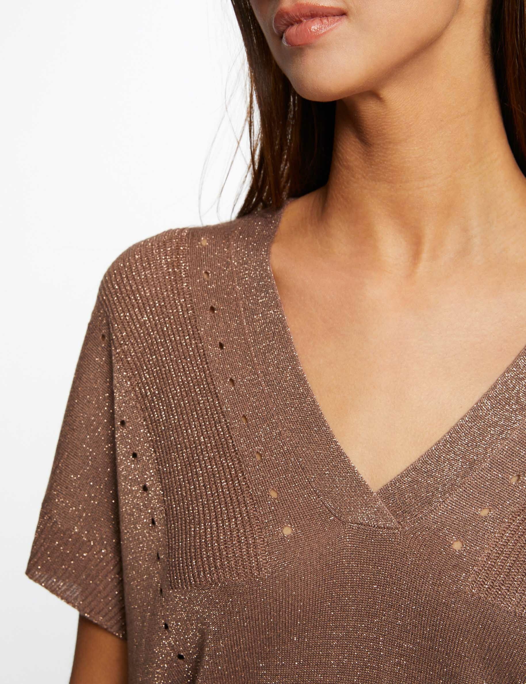 Pull manches courtes à col en V rouille femme - rouille