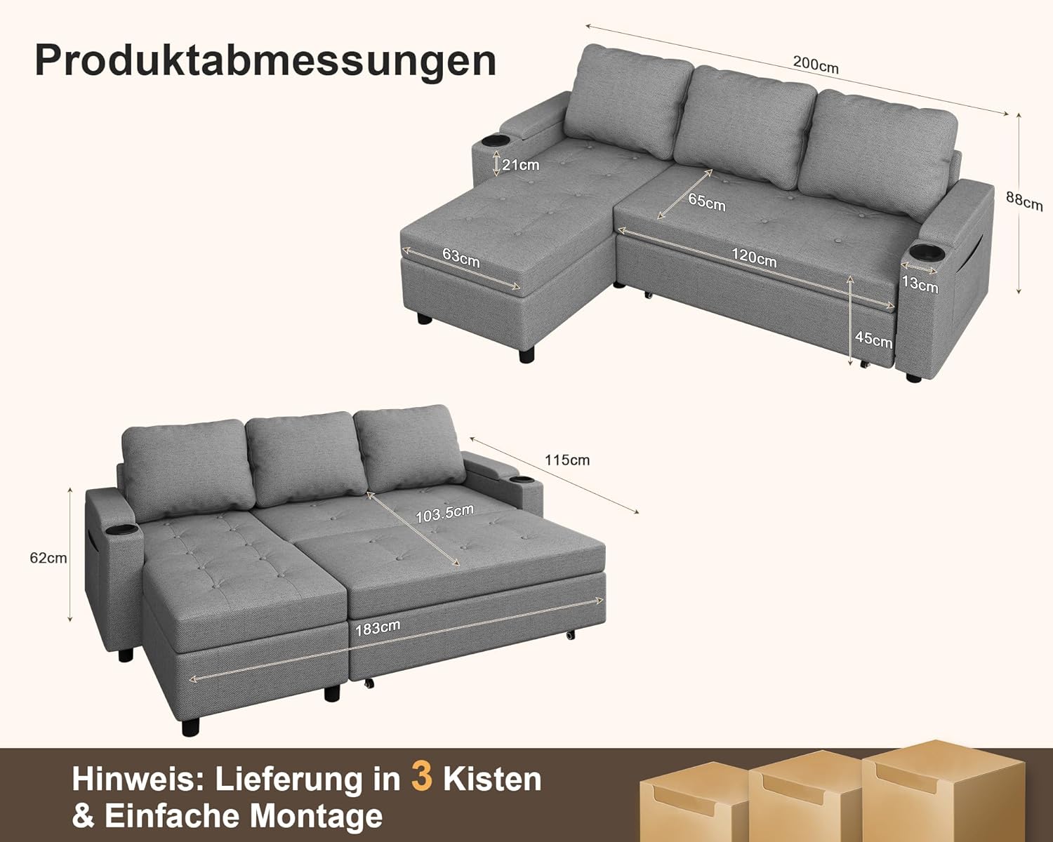 Devoko Ecksofa mit Schlaffunktion und Bettkasten L-Form Sofa 3-Sitzer Ausziehbares Schlafsofa Leinen Couch Kleines Schlafcouch für Wohnung und Wohnzimmer, Hellgrau