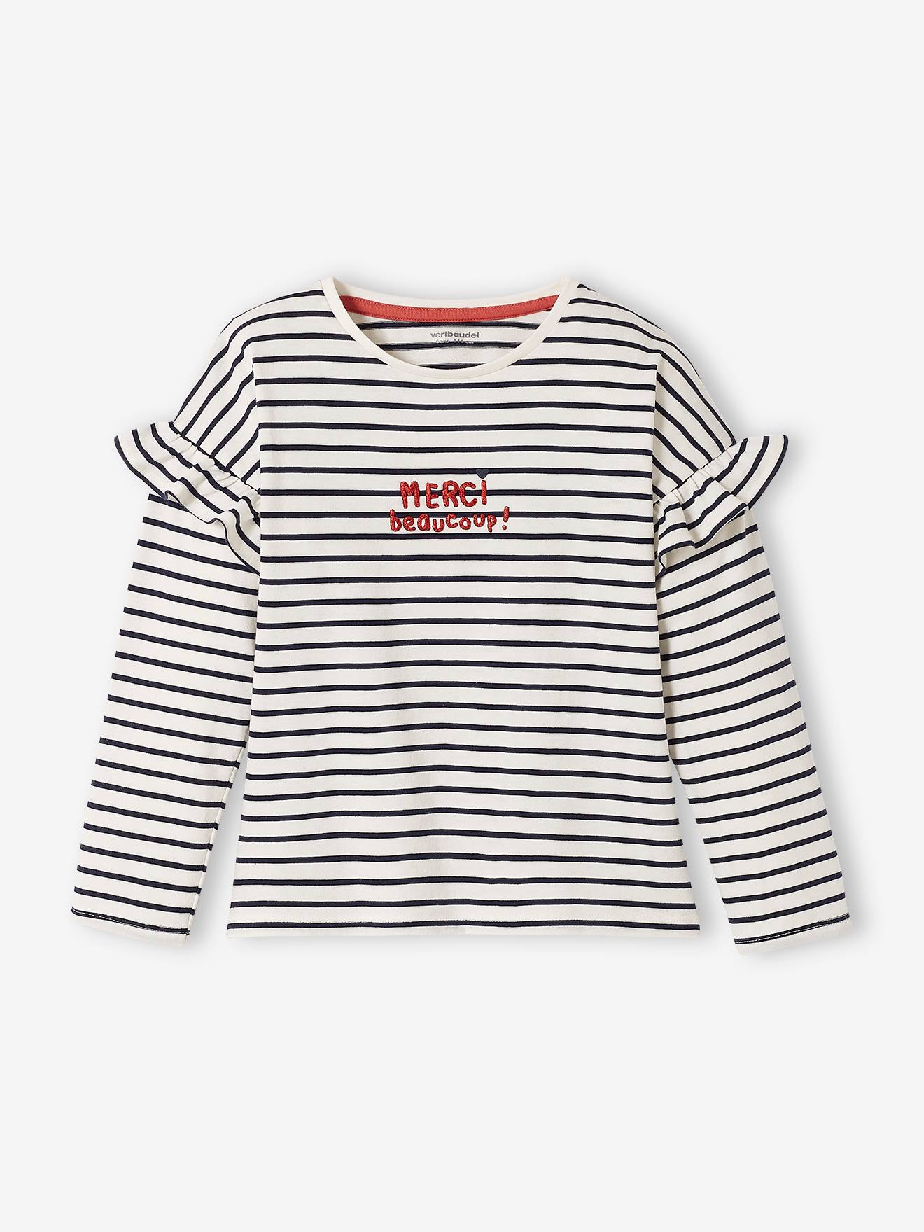 Camiseta infantil listrada branca clara com mensagem e mangas com babados.