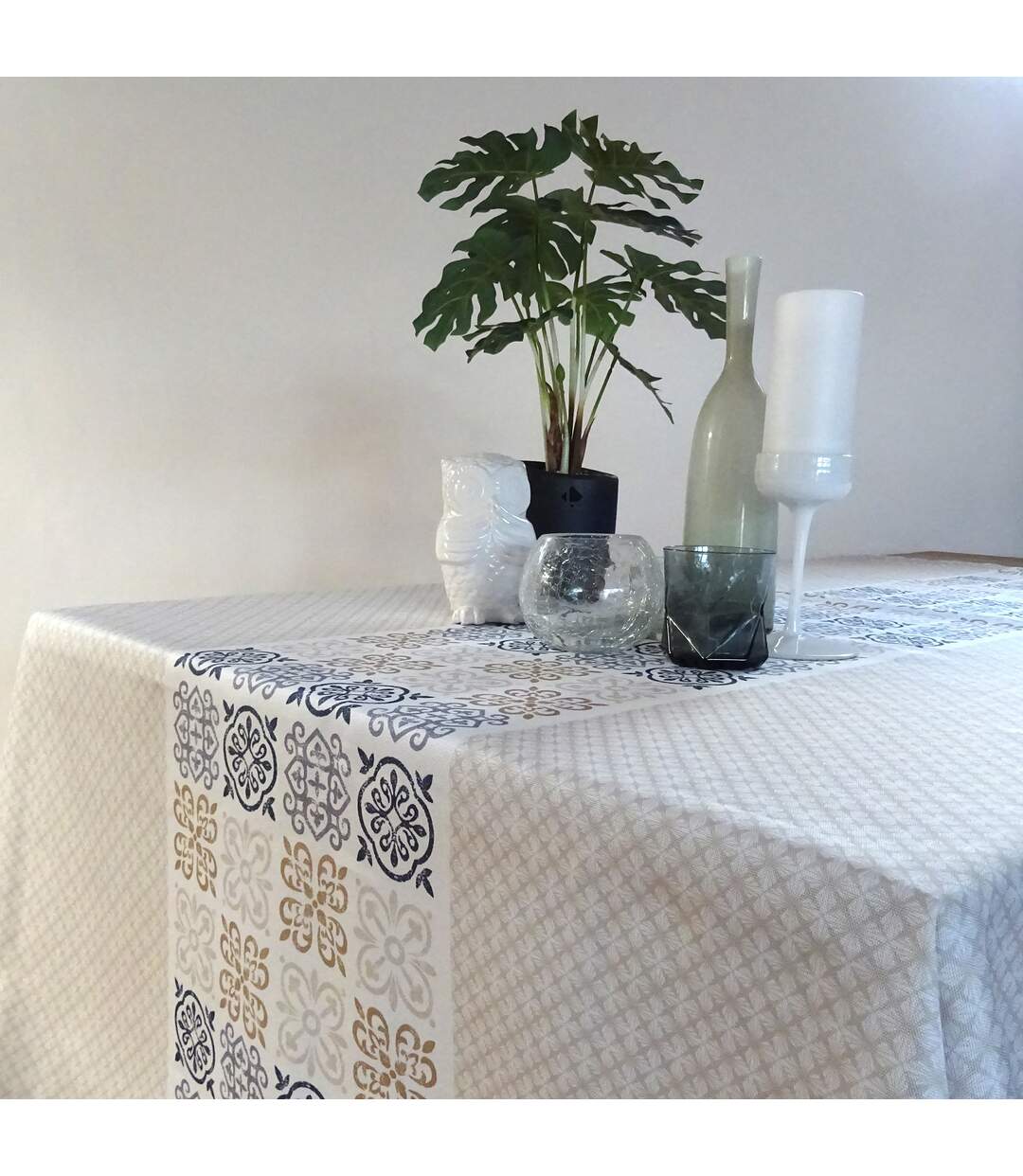 Nappe rectangle 150x250 cm imprimée 100% polyester CARO grège beige