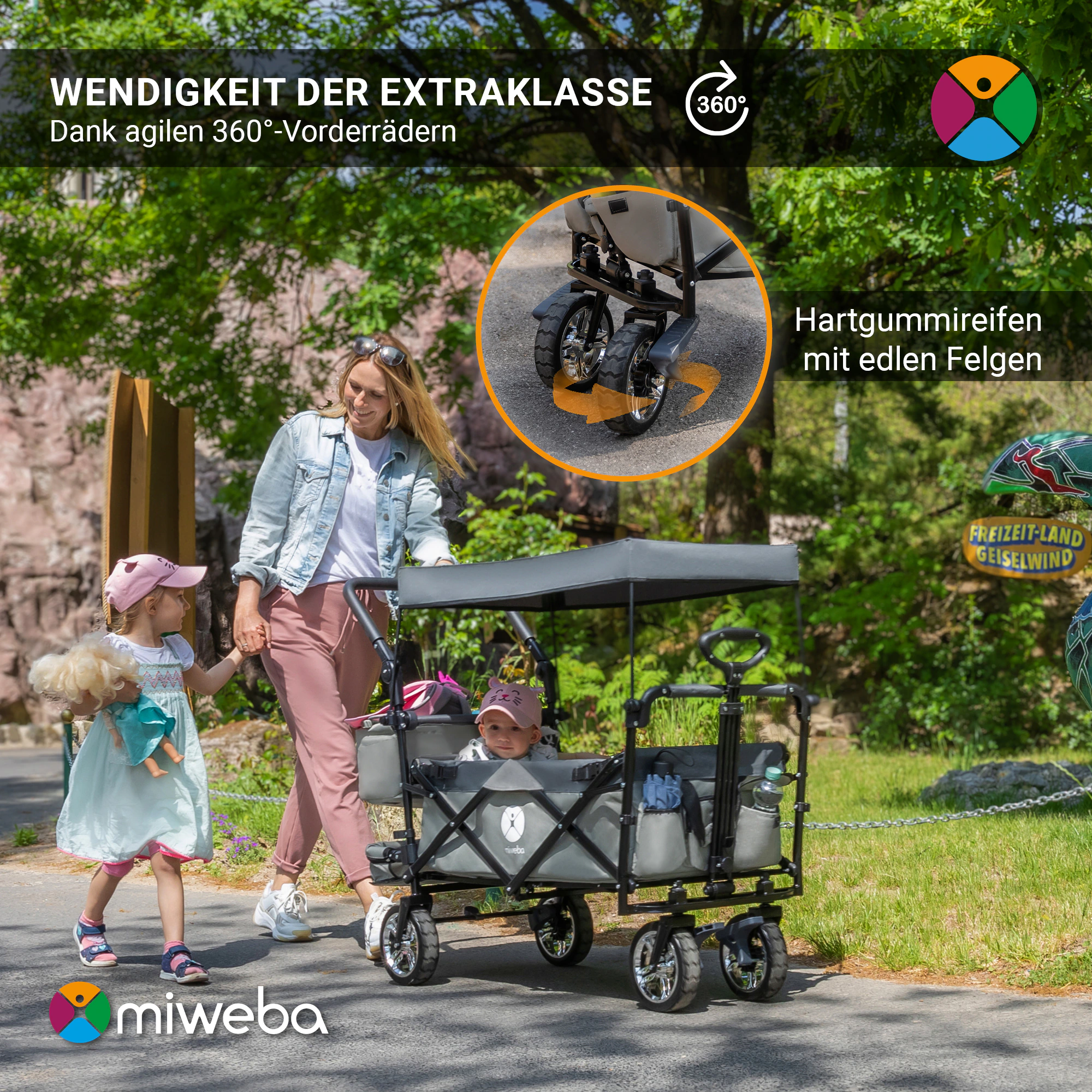 Miweba Bollerwagen MB-20 faltbar, Sonnendach, Schiebe- und Zugstange, Stauraumverlängerung, 360°-Räder (Hellgrau/Dunkelgrau)