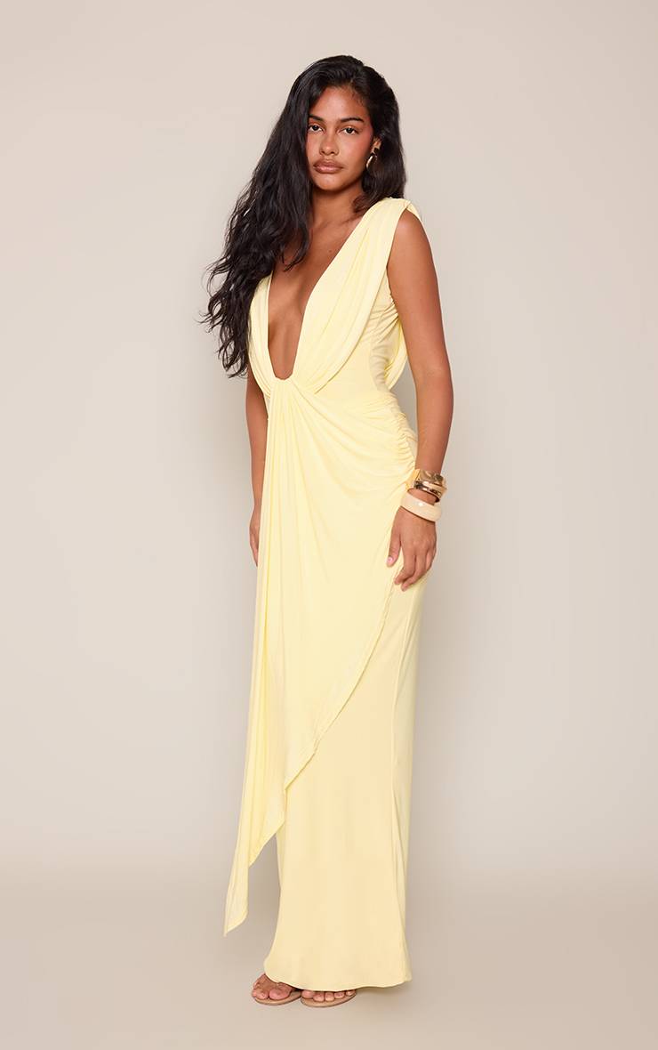 Citron Robe Longue Drapée À Double Couche En Jersey Slinky Et Décolleté Plongeant