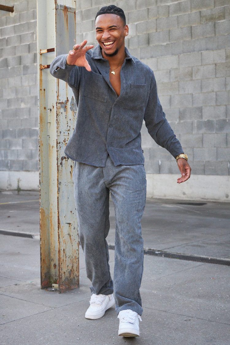 Ensemble 2 pièces chemise + pantalon en velours côtelé gris foncé