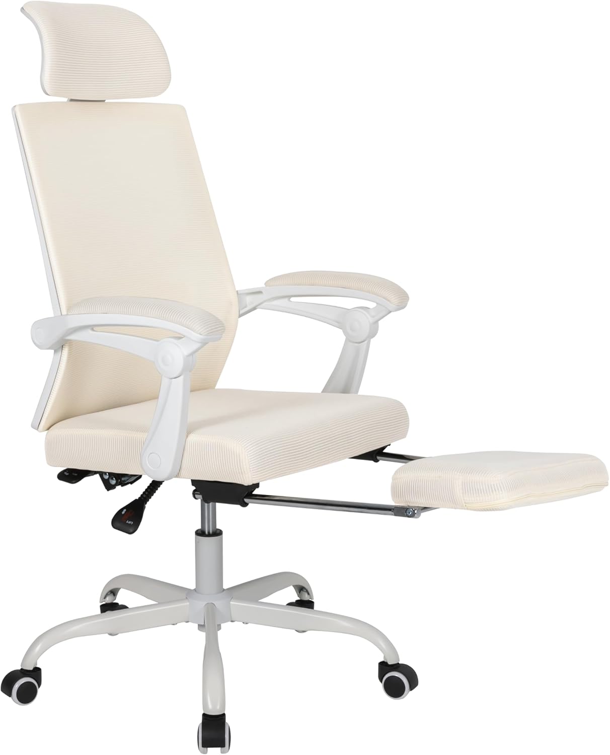 UEV Ergonomisch Bürostuhl aus Mesh, Schreibtischstuhl mit Fußstütze, Drehstuhl mit Verstellbarer Kopfstütze Lendenwirbelstütze, höhenverstellbar neigbar bis 135°, atmungsaktiver Stoff, Beige