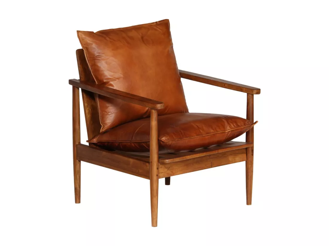 Fauteuil Marron Cuir véritable avec bois d'acacia
